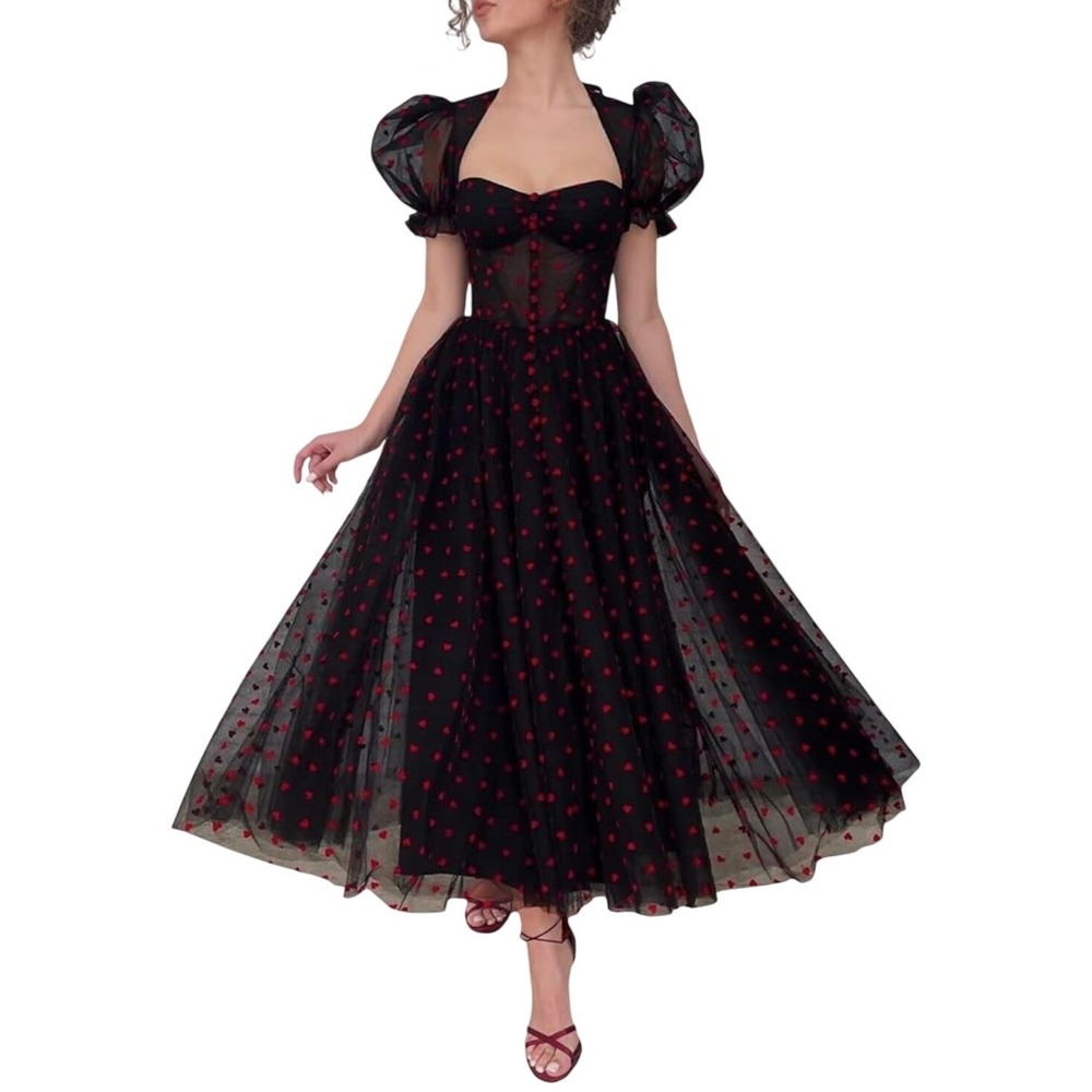 Heart Print Tulle Corset‎ Midi Dress Small Black Red Goth Coquette Prom Formal